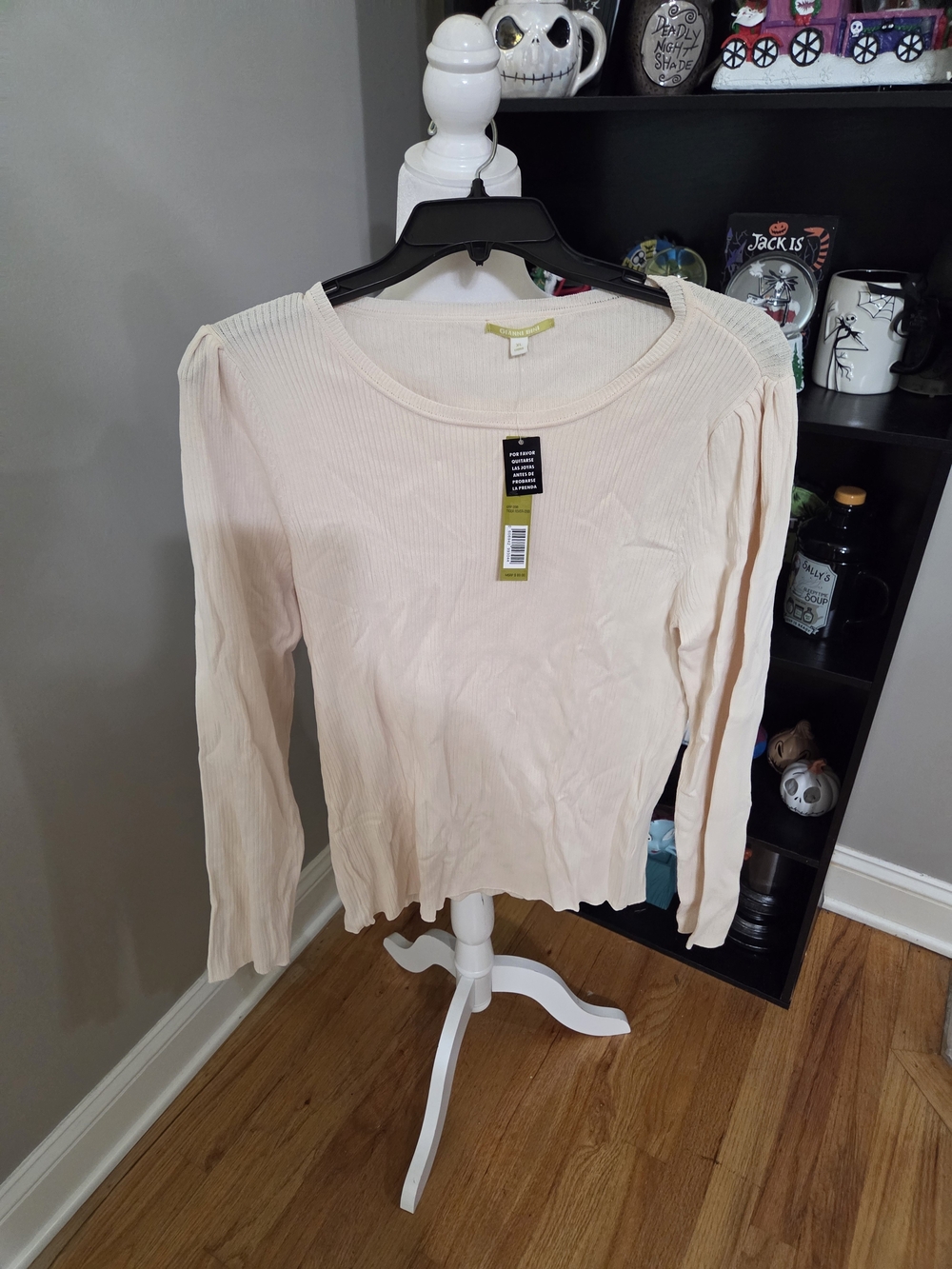 Ribbed Long Sleeve Scoop Neck Top - Light Pink/cream